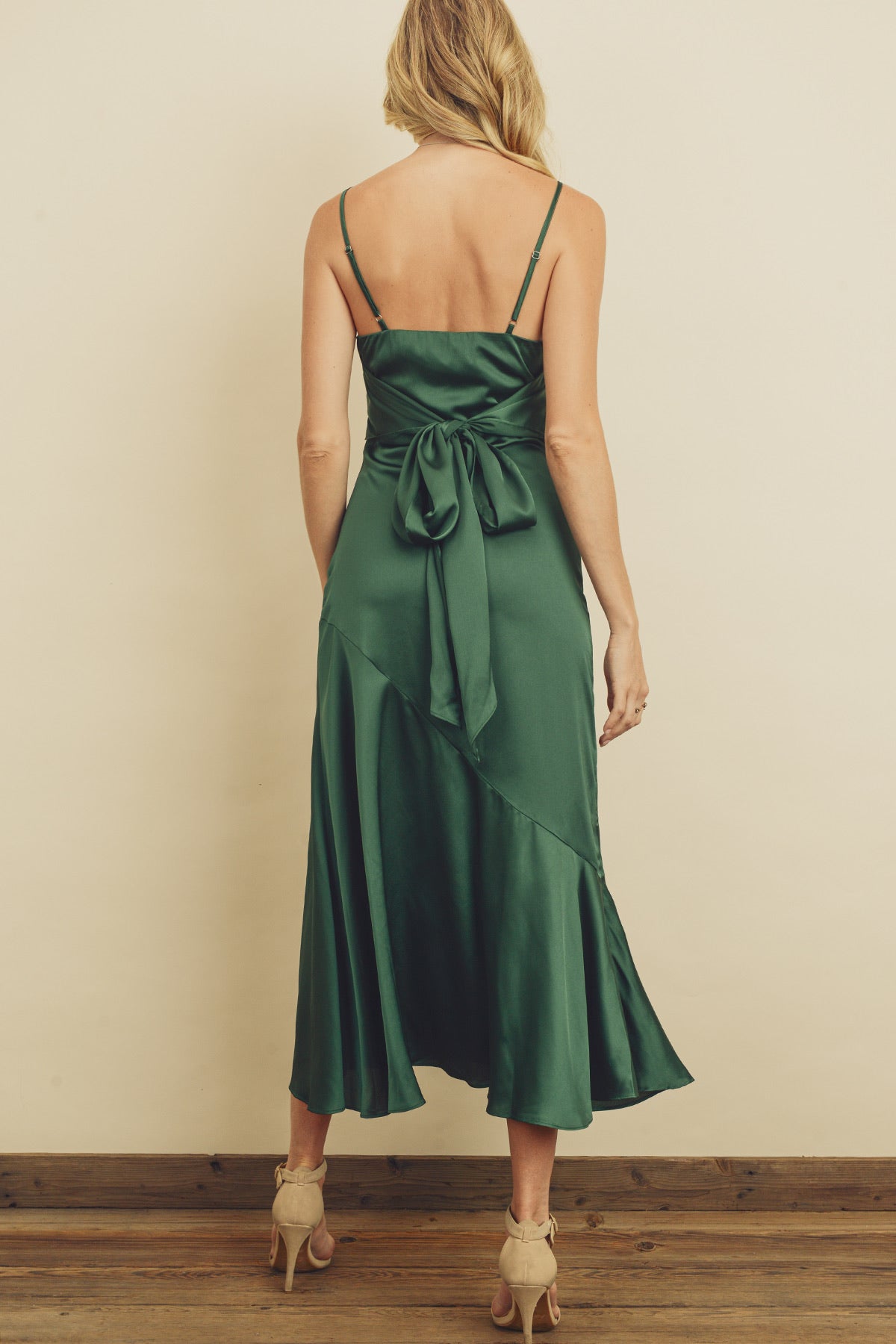 hunter green satin slit dress